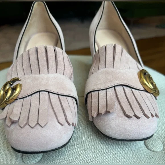 Gucci GG Kiltie Fringe Mid Heel Crystal Pink Suede w/ Gold Pump Women's 38.5 - Picture 5 of 16